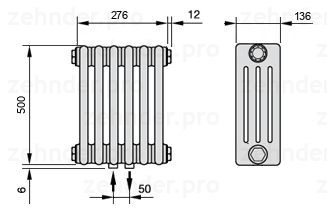 Схема (чертеж) Радиатор Zehnder Charleston 4050/6 №3470 Белый глянцевый RAL 9016